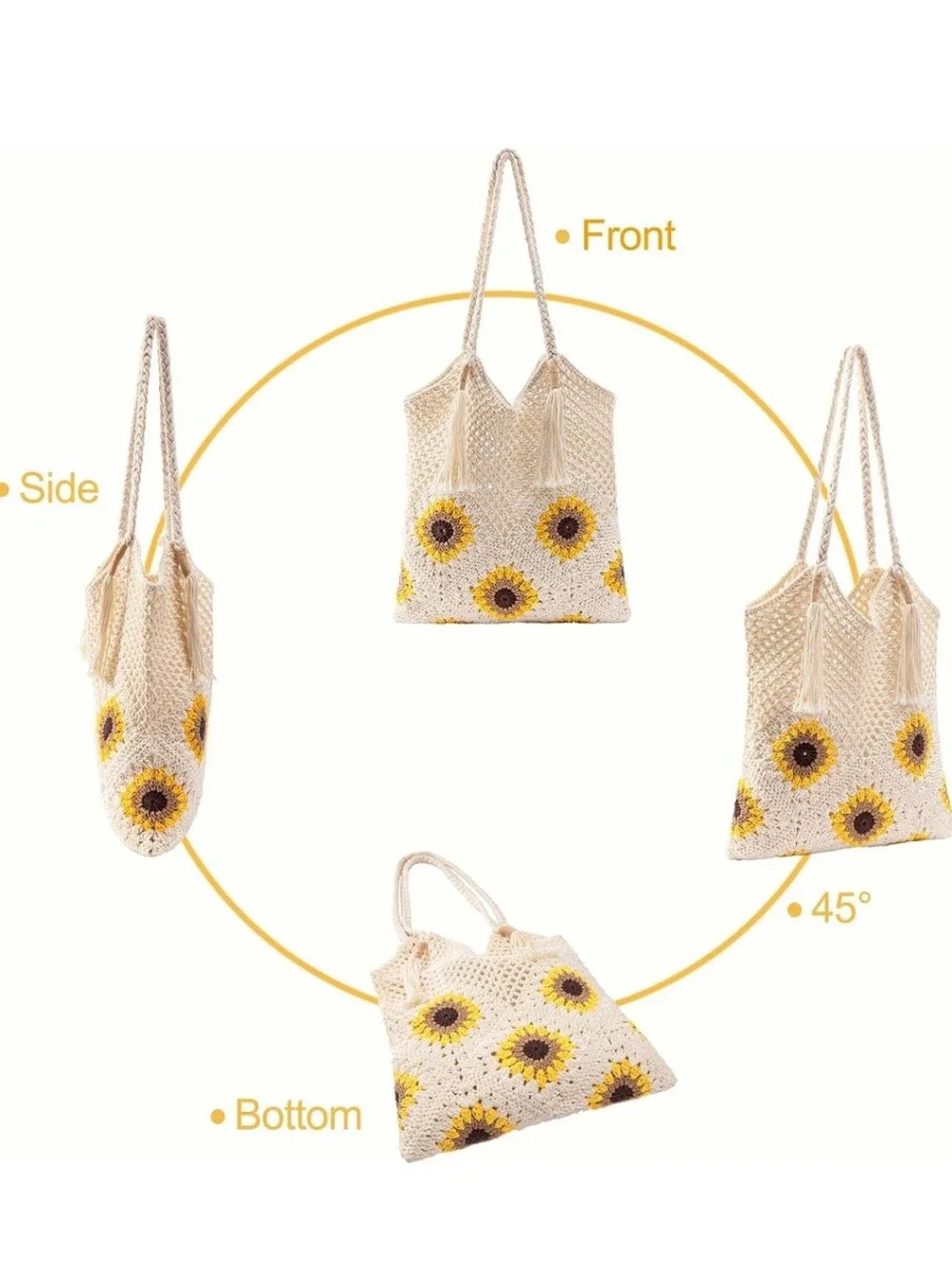 Cream Crochet Sunflower Tote Bag with Tassel Straps